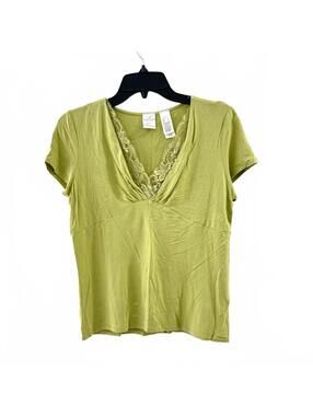 Vintage Emma James Green Lace Short Sleeve V-Neck T-shirt Top- Size Petite Large